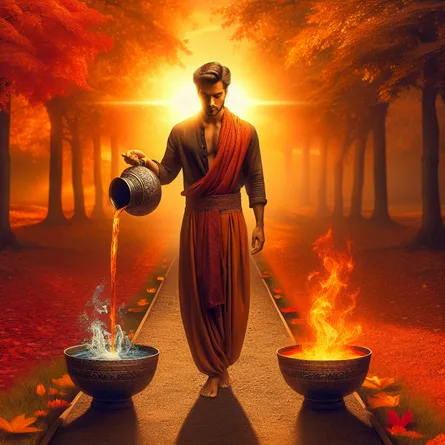 Picture an elegant South Asian male, exuding an aura of tranquility and balance. He stands on a pathway that vanishes into a sunrise indicating a fresh day. He is poising a vessel to evenly pour a mystical liquid between two cups, one containing raging fire and the other brimming with calm water. He stands, symbolizing equilibrium, amidst a beautiful autumn setting. The scene is tranquil, with vibrant hues of orange, crimson and gold reflecting through the leaves from the sunlight, immersing the whole atmosphere in a peaceful light.