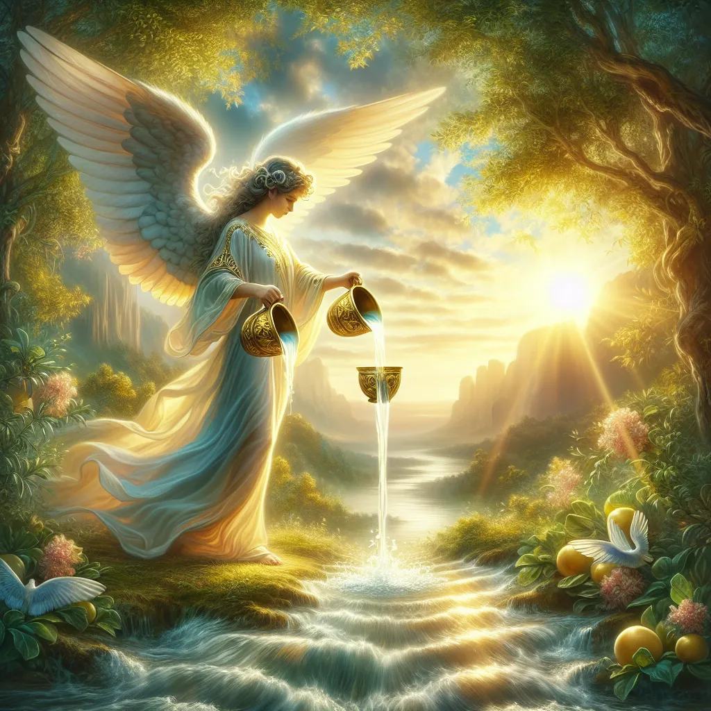 Create an image of an ethereal figure embodying the essence of the Temperance tarot card. The figure is angelic, gracefully pouring liquid between two golden cups, symbolizing harmony and balance. The background is a serene, natural landscape at sunrise, with gentle light filtering through lush foliage. Water flows smoothly beneath the figure, symbolizing the flow of energy and unity. Include elements of classical tarot imagery and evoke a sense of calm, moderation, and equilibrium.