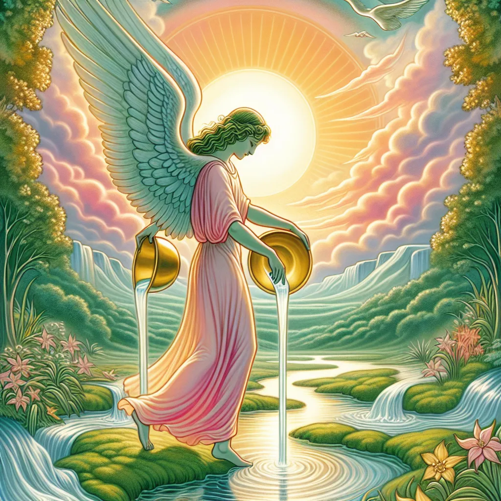 Create an image of a serene angel standing amidst a tranquil landscape. The angel is gracefully pouring water between two golden cups, one foot dipped in a calm stream, and the other grounded on a lush, green earth. The background features a distant, rising sun symbolizing hope and tranquility, with soft hues of orange and pink blanketing the sky, creating a peaceful, harmonious atmosphere. The scene embodies the theme of balance and moderation, inspired by the Temperance tarot card, with elements suggesting a blend of earth, water, and harmony.