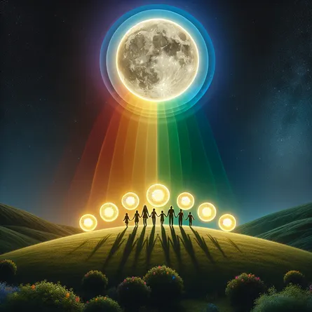 A serene night scene showcasing a dark, star-studded sky augmented by a radiant full moon. Beneath the luminous celestial body, ten golden cups are arrayed in a vibrant, circular rainbow formation. Each cup glimmers brightly, casting a warm resplendent glow amidst the darkness. On the rolling green hillock below, a harmonious, joyous family unit consisting of a Caucasian mother, a Hispanic father, a Black older brother, an Asian younger brother, and a Mixed race sister stands holding hands. Their stark silhouettes stand out against the gentle moonlight, punctuating this peaceful panorama with a warm symbol of unity.