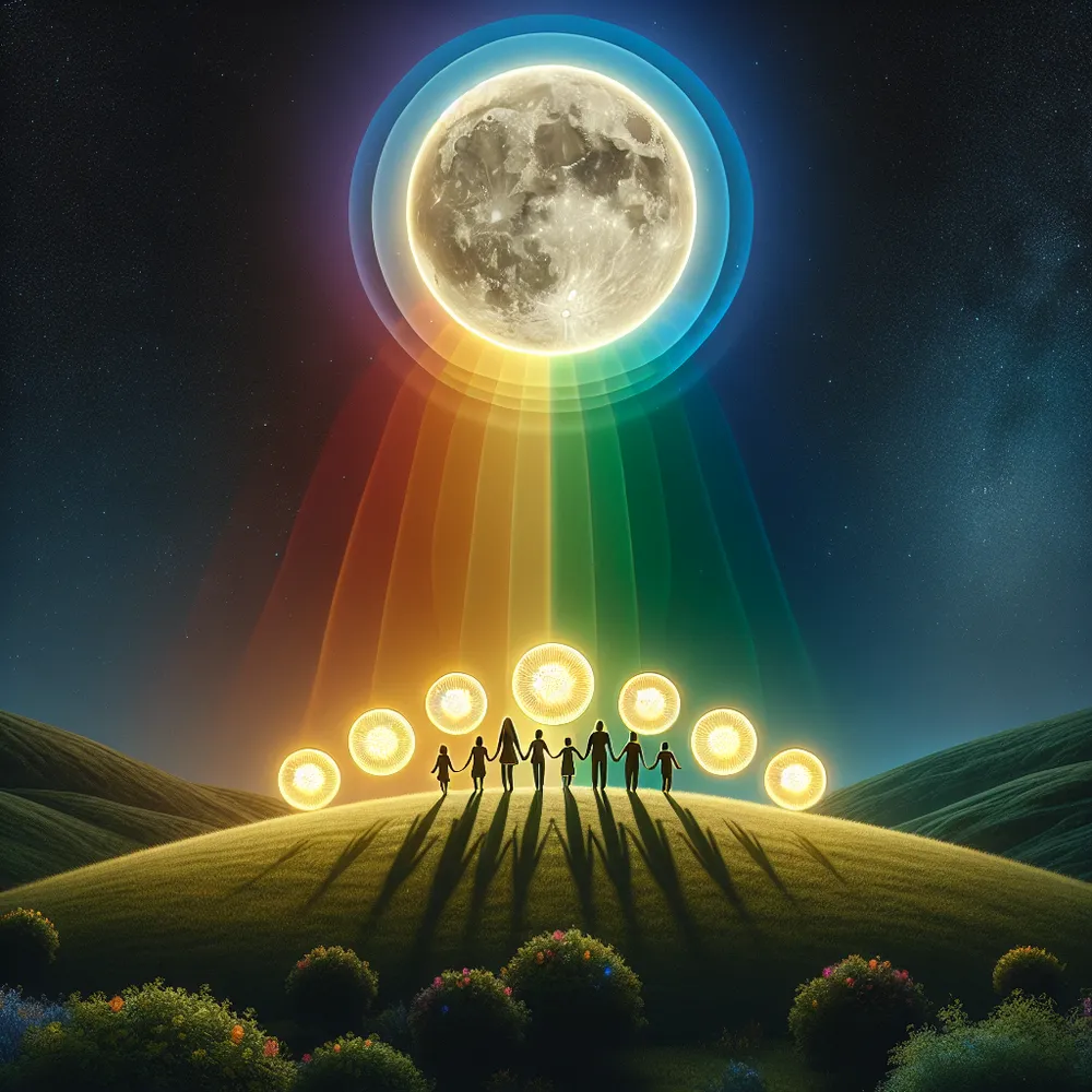 A serene night scene showcasing a dark, star-studded sky augmented by a radiant full moon. Beneath the luminous celestial body, ten golden cups are arrayed in a vibrant, circular rainbow formation. Each cup glimmers brightly, casting a warm resplendent glow amidst the darkness. On the rolling green hillock below, a harmonious, joyous family unit consisting of a Caucasian mother, a Hispanic father, a Black older brother, an Asian younger brother, and a Mixed race sister stands holding hands. Their stark silhouettes stand out against the gentle moonlight, punctuating this peaceful panorama with a warm symbol of unity.