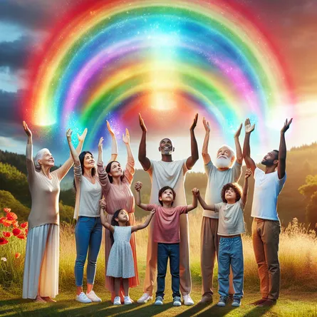 A harmonious family amidst a serene landscape. The family members, each one of a different descent including Caucasian, Hispanic, South Asian, Middle-Eastern, and Black, are standing under a colorful, vibrant rainbow. They raise their hands collectively, embodying unity and joy. Each color of the rainbow magically morphs into a glowing cup, adding up to ten in total. The emotional aura around the family is one of warmth, unity, and contentment. Their surroundings are tranquil and peaceful, making for a perfect day.