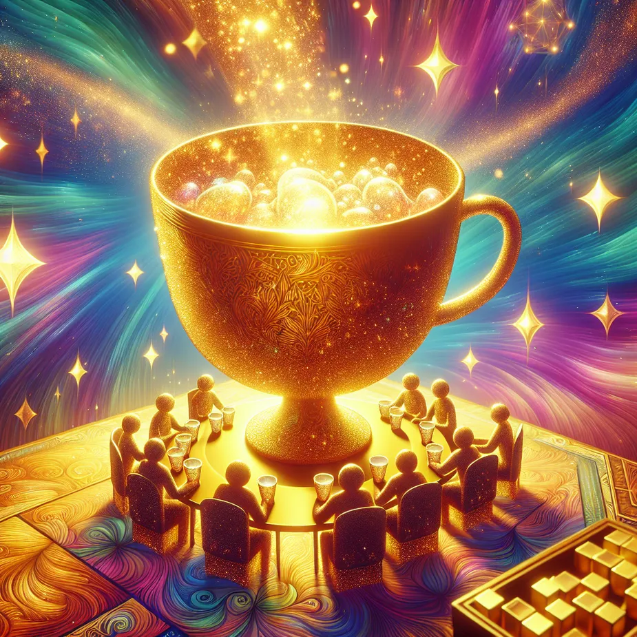 Generate an image of a peaceful family setting featuring a large, brimming golden cup surrounded by nine smaller cups, each filled with shimmering beverage. The scene should emanate an aura of emotional satisfaction and happiness, characterized by the use of vibrant shades, a luminous golden radiance, and elements symbolizing familial bliss such as shared meals, playing board games or reading bedtime stories in the background.
