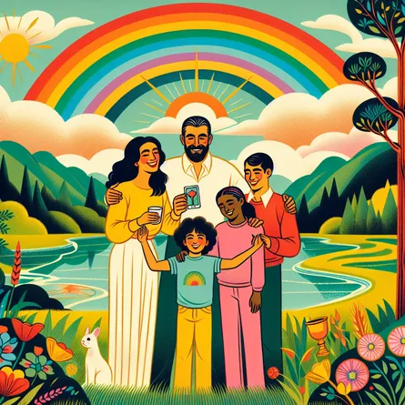 Create an image for a blog post hero banner illustrating the Ten of Cups tarot card. There should be a joyful Hispanic mother, a Caucasian father and their Middle-Eastern and Black children standing under a vibrant rainbow symbolizing harmony and fulfillment. The background should be a lush, idyllic landscape suggesting peace and abundance. The family, appearing connected and content, should be placed near a serene river with picturesque mountains in the distance to evoke a sense of unity and well-being. The overall mood should be of happiness and gratitude, with warm and inviting colors throughout the scene reflecting ultimate contentment and togetherness.