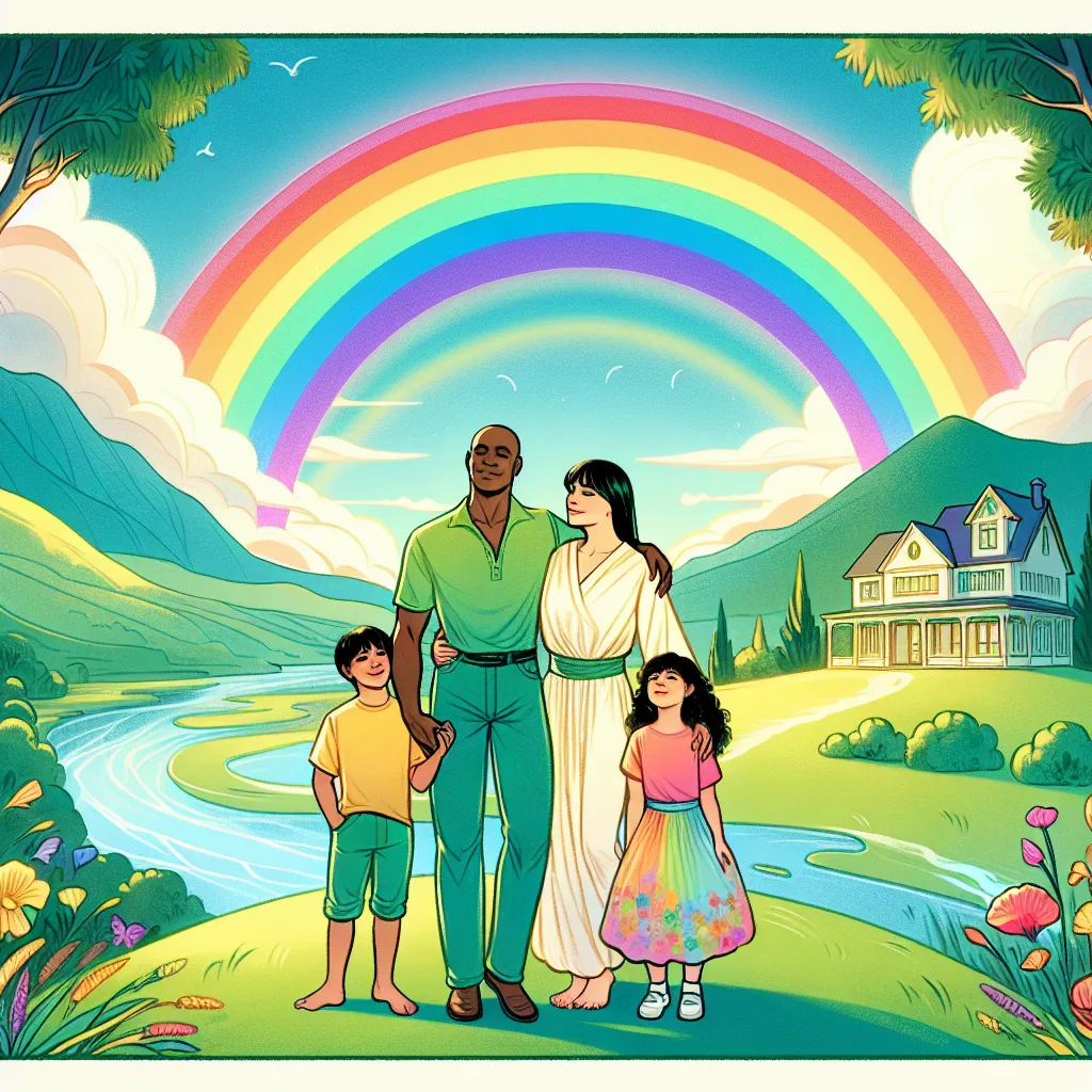 Create a serene and vibrant scene depicting the Ten of Cups tarot card. Illustrate a harmonious family of a Black father, an Asian mother, and their two Hispanic kids standing on a green hill under a bright, multicolored rainbow. The father should be middle-aged with an athletic build and the mother should be young with a slim build. One child could be a pre-teen girl with a petite physique and another one could be a young boy with a chubby frame. Include a tranquil river and a cozy cottage in the background. The atmosphere should convey joy, fulfillment, and togetherness, with warm and inviting colors such as soft blues, greens, and pinks. Let the expression of the family reflect contentment and strong emotional bonds as they reach towards the rainbow together under a clear sky.