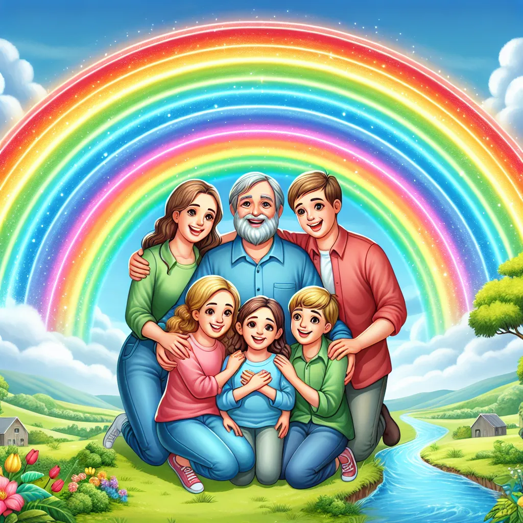 Create an illustration of a joyful family beneath a vibrant rainbow, symbolizing harmony and contentment. The family is gathered in a pastoral setting with lush greenery, clear blue skies, and a flowing river. Their expressions radiate happiness and unity, while the rainbow above them is composed of ten vibrant, glowing cups, each representing fulfillment and emotional abundance.