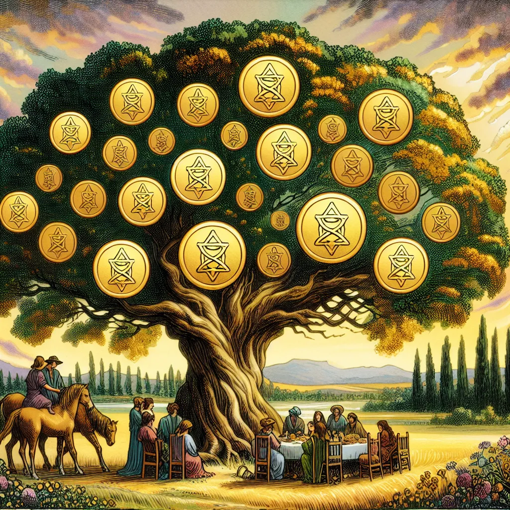 Create an artistic scene showcasing the Ten of Pentacles tarot card. Depict a family gathering under a large, ancient tree, symbolizing the legacy and abundance of multiple generations. Include rich golden pentacles subtly woven into the tree's lush branches. The scene should evoke a sense of completion, unity, and prosperity, with warm, inviting colors that suggest warmth and security. The backdrop is a timeless countryside landscape, under a gently setting sun, casting a golden glow over the scene.