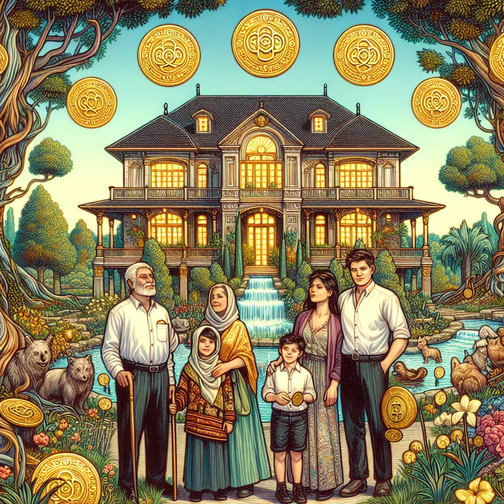 Create an intricate and vibrant illustration of the Ten of Pentacles tarot card. The scene should capture a multigenerational family standing proudly in front of a grand, traditional estate. The family includes an elderly Hispanic man, a Middle-Eastern woman in her 40s, an Asian teenager boy and a young Caucasian girl. Include rich symbolism such as ten golden pentacles woven into the architectural elements of the home, lush greenery, and a sense of legacy and fulfillment. Convey an atmosphere of abundance, connection, and continuity, with detailed textures and warm, inviting colors.
