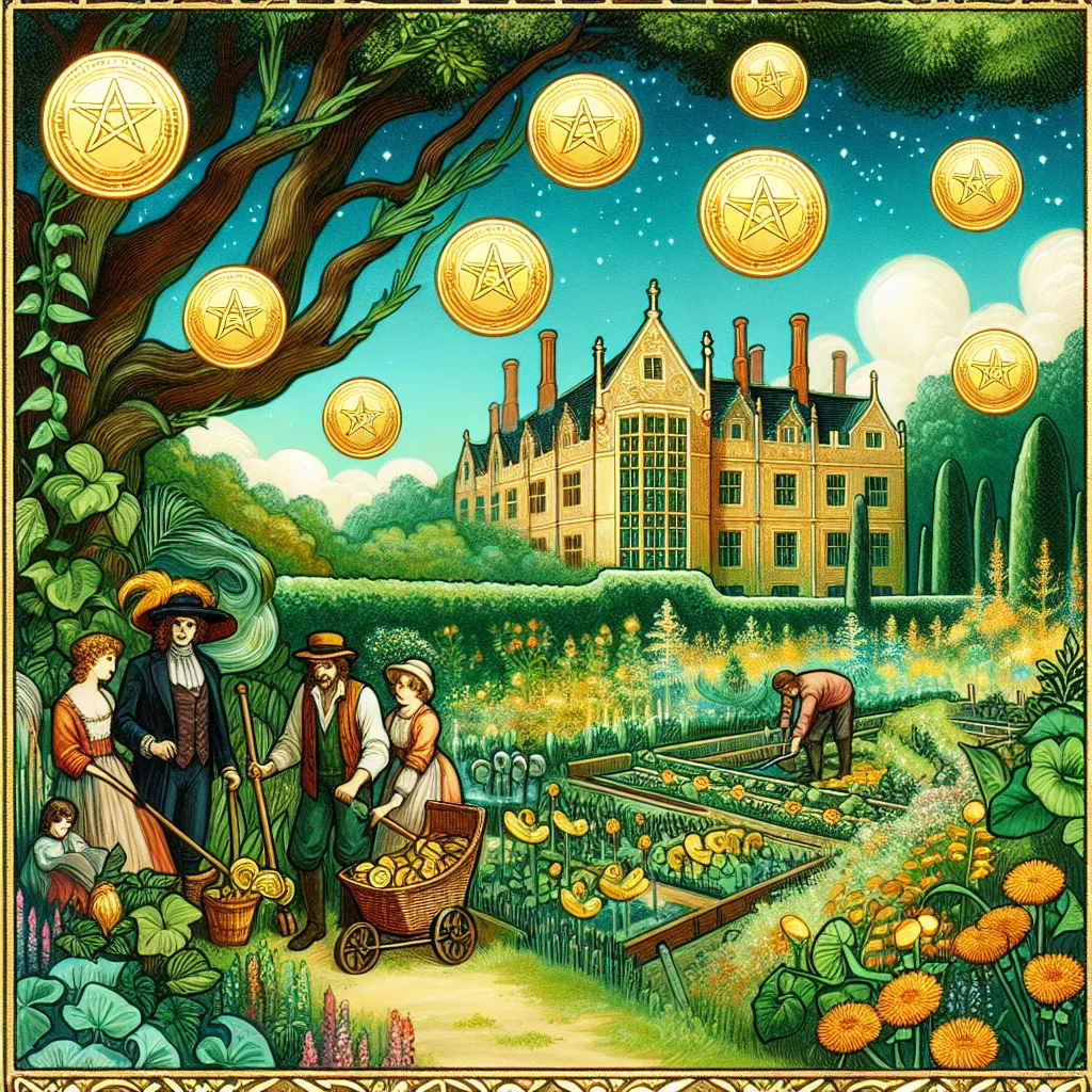 Create a vibrant and detailed illustration of the Ten of Pentacles tarot card. The image should depict a scene of multigenerational family unity and abundance, set in a lush garden reminiscent of a Renaissance estate. Include symbols of prosperity such as ten golden pentacles subtly integrated into the landscape, representing heritage and legacy. Capture the warmth of familial connections and the harmony of a prosperous, fulfilling life, with elements of nature indicating growth and continuity.