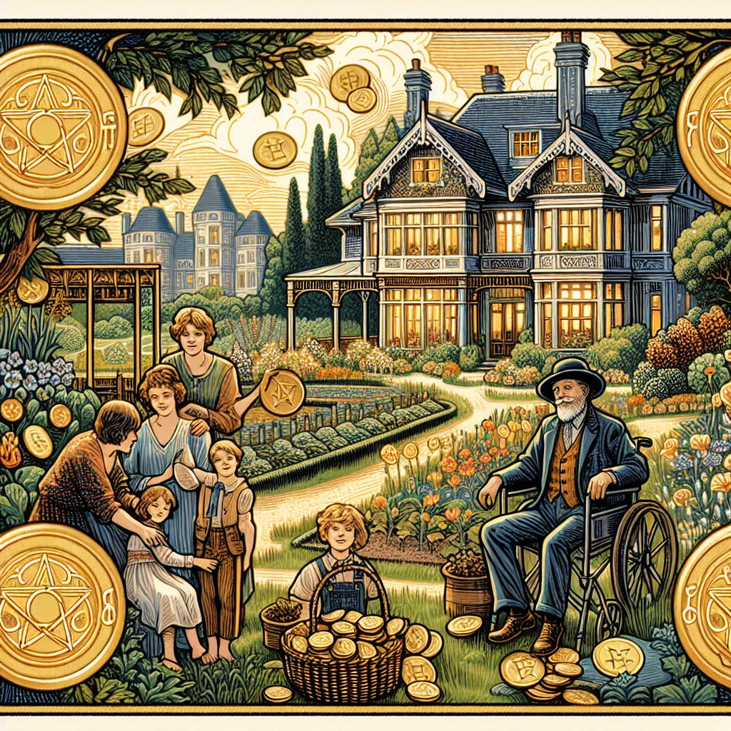 Create an intricate and detailed illustration of the Ten of Pentacles tarot card. The scene should depict a wise elder surrounded by a loving family within a prosperous home setting. Include symbols of wealth, such as pentacles etched into the architecture, lush gardens, and a sense of generational legacy. The atmosphere is warm and abundant, symbolizing lasting success and community. Include classical tarot card elements with a rich color palette and detailed textures.