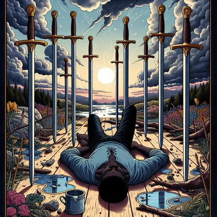 Please create a detailed and colorful illustration of the Ten of Swords tarot card. The card should symbolize an end to struggles and the dawn of a new day after a dark stormy night. The scenario should evoke a sense of hope, transition, and resilience. The elements of the card such as the swords, the person on the card, the background scenery, should all blend well to paint a story of resilience and new beginnings. The figure lying face-down could be a Black man, showing the resilience of an individual facing adversity. Also, include evidence of the night's storm--perhaps fallen branches or puddles--and the early signs of the dawn to support this story of transition.