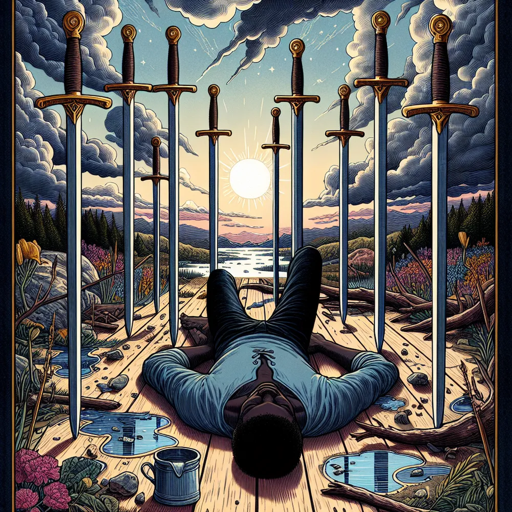 Please create a detailed and colorful illustration of the Ten of Swords tarot card. The card should symbolize an end to struggles and the dawn of a new day after a dark stormy night. The scenario should evoke a sense of hope, transition, and resilience. The elements of the card such as the swords, the person on the card, the background scenery, should all blend well to paint a story of resilience and new beginnings. The figure lying face-down could be a Black man, showing the resilience of an individual facing adversity. Also, include evidence of the night's storm--perhaps fallen branches or puddles--and the early signs of the dawn to support this story of transition.