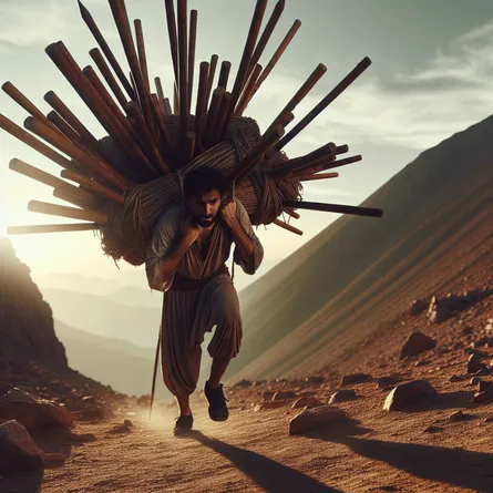 A Middle-Eastern man staggering under the heavy weight of ten wooden wands on a rugged mountain trail. The sun is setting behind him casting long shadows. His expression displays determination and resilience, even in the face of his overwhelming burden.