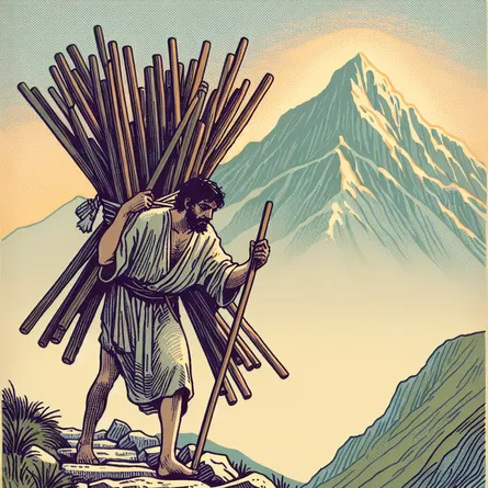 Create a visual of a Middle-Eastern man, who appears tired but determined. He is tasked with carrying ten large staffs and is progressing on a rocky path up a mountain. His gaze is fixed upon the mountain peak, which is symbolic of his unwavering resolve to carry on despite the weight of his burdens. Make sure to emphasize the heaviness of the staffs and the challenging road that lies ahead, reflecting the struggle yet resilience depicted in the Ten of Wands card. Use a color palette that's both calming and hopeful, displaying the early morning sunrise painting the sky, hinting at hope amidst adversity.