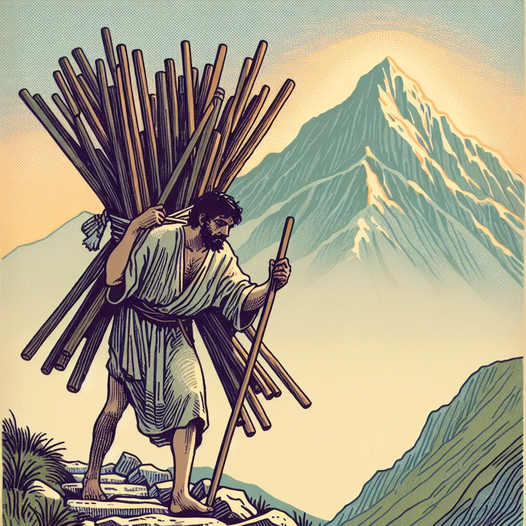 Create a visual of a Middle-Eastern man, who appears tired but determined. He is tasked with carrying ten large staffs and is progressing on a rocky path up a mountain. His gaze is fixed upon the mountain peak, which is symbolic of his unwavering resolve to carry on despite the weight of his burdens. Make sure to emphasize the heaviness of the staffs and the challenging road that lies ahead, reflecting the struggle yet resilience depicted in the Ten of Wands card. Use a color palette that's both calming and hopeful, displaying the early morning sunrise painting the sky, hinting at hope amidst adversity.