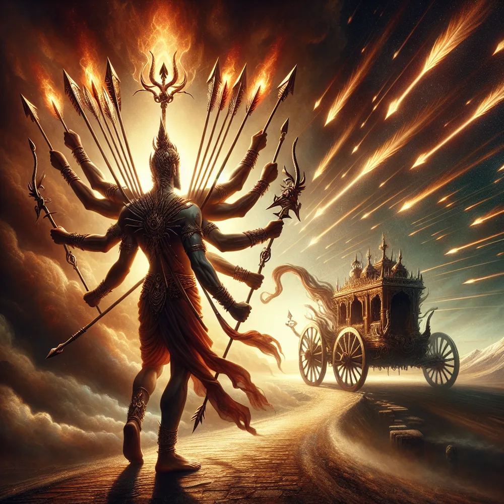 An enigmatic figure of South Asian descent, shouldering the burden of ten fiery wands, is poised at a crossroads. From the heavens above, a barrage of swift arrows descends, creating a backdrop of dynamic energy. The figure's attention, however, is drawn to the far-off sight of a majestic chariot framed by a breathtaking horizon. The chariot exudes power and determination, poised as if ready to charge forward and confront destiny head-on. The scene evokes a blend of magic, mystery, tension, and anticipation, as elements of classical mythology merge with surreal visuals.