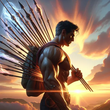 Generate an image of a valiant hero. This character is of Hispanic descent and possesses an athletic build. He effortless totes ten wands that exude a radiant, magical glow, symbolizing the weighty burdens that life has bore upon him. This serene vista shows him against a stunning backdrop of a setting sun, which beautifully paints the sky with vanilla, pink, and gold hues. Feature the contrast between his heavy load and the peaceful, hopeful ambiance suggested by the sunset. Show his resolve, strength, and unwavering spirit through his confident posture and determined expression.
