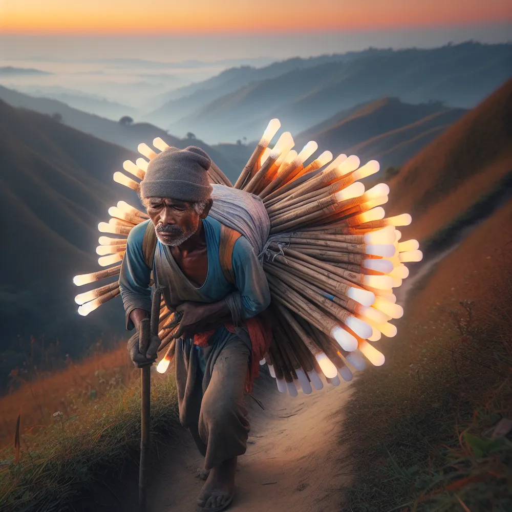 A middle-aged South Asian man carrying a bundle of ten large, brightly lit wands on his back. He struggles under the weight but his face shows determination. He is walking on a narrow, winding path which travels through vast rolling hills. His surroundings are bathed in the soft orange light of morning as the dawn breaks, painting clear skies overhead.