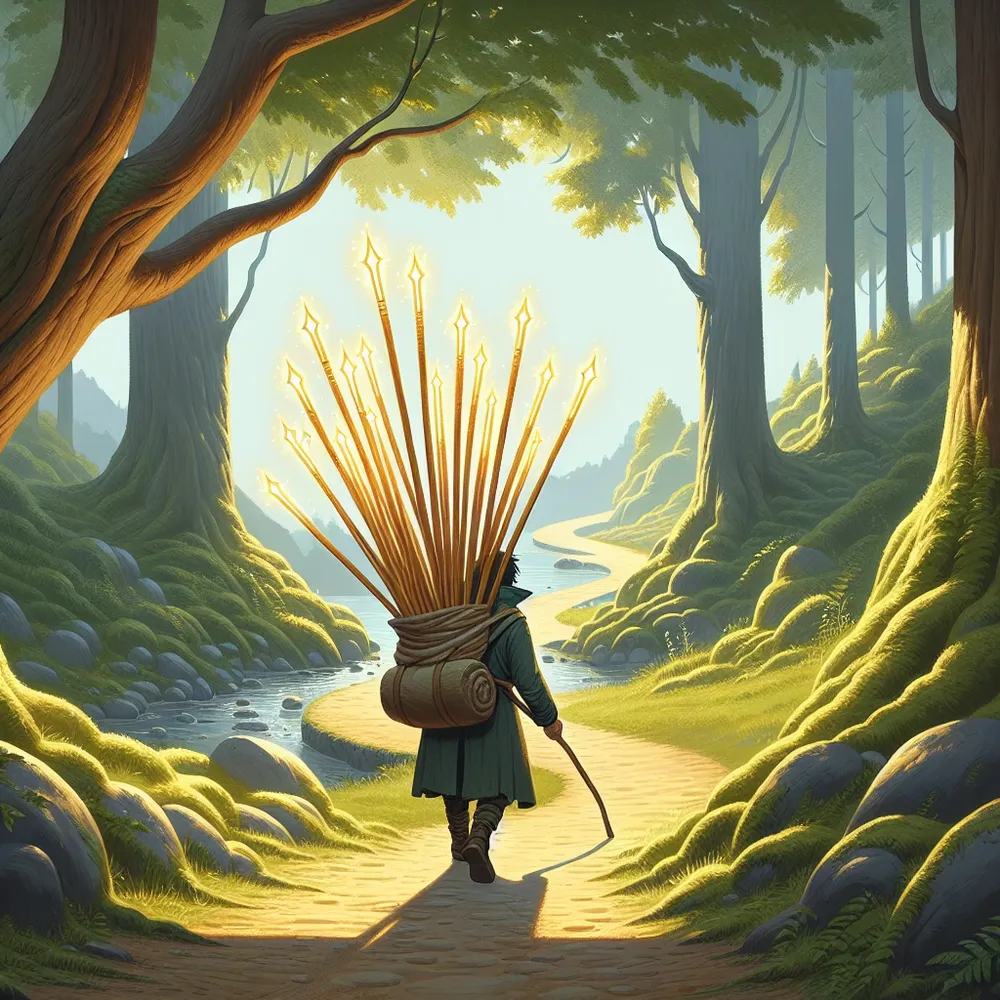Illustrate a lone traveler on a winding path through a sunlit forest, carrying a bundle of ten glowing wands on their back. The wands are slightly bending from the weight, yet they emanate a soft golden light. The traveler’s expression is one of determination and contemplation. Around the path, gentle streams and ancient trees evoke a sense of timeless wisdom. The scene captures the balance between burden and resilience, seamlessly blending natural beauty with philosophical symbolism.