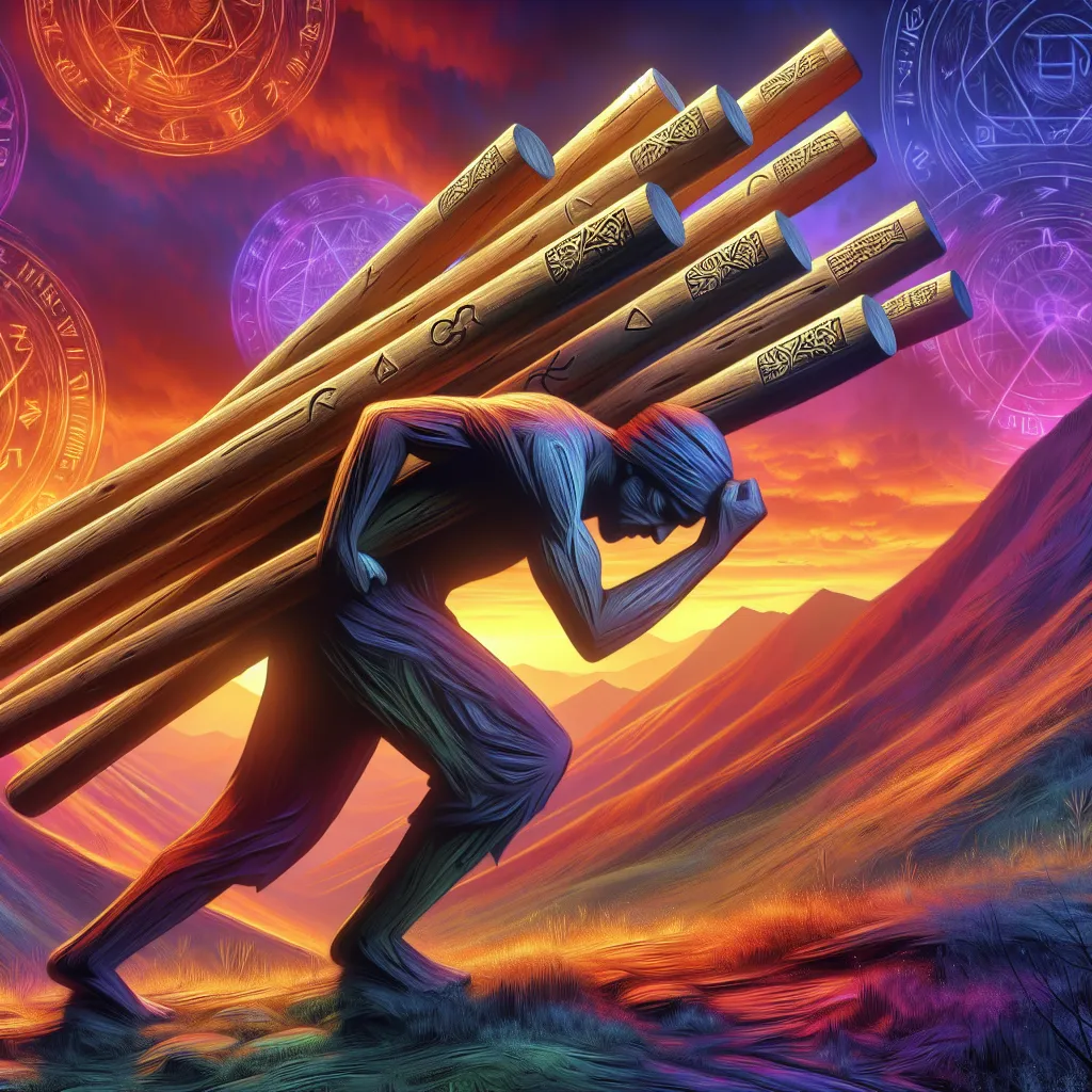 Create an image of a weary figure struggling to carry ten large wooden wands in a vibrant landscape. The figure should appear determined yet burdened, set against a sunset sky with hues of orange and purple. Symbolize the weight of responsibility with intricate details on the wands, such as carved patterns and glowing runes. Include elements of stoicism, like philosophical symbols subtly etched into the background hills, to evoke contemplation and inner strength.
