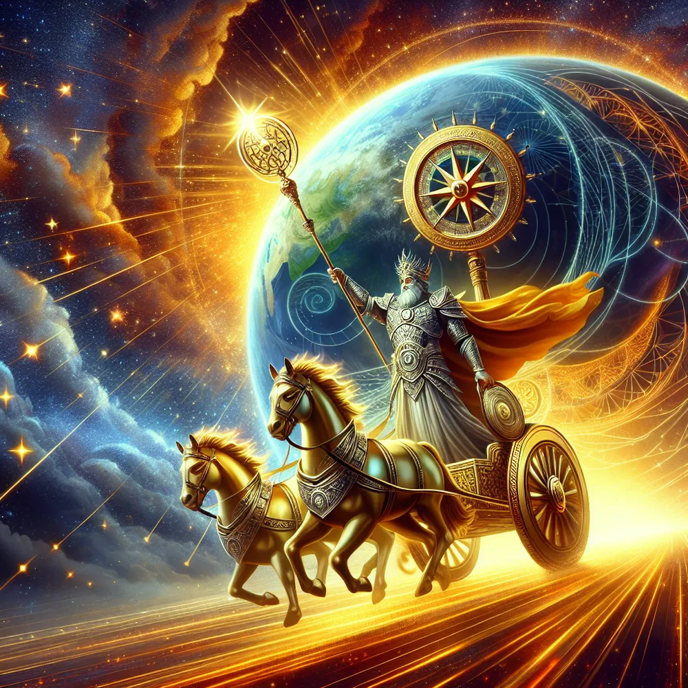 A majestic public figure confidently directing a golden chariot through a path shaped by stars. The figure is dressed in intricate silver armor and holds a large golden compass in their hand. The wheels of the chariot are ablaze, symbolizing a leader of high authority. Above them in the sky, a vibrant image of Earth is seen, symbolizing unity and totality. The entire image is infused with a sense of determination, passion, and achievement under a starry sky.