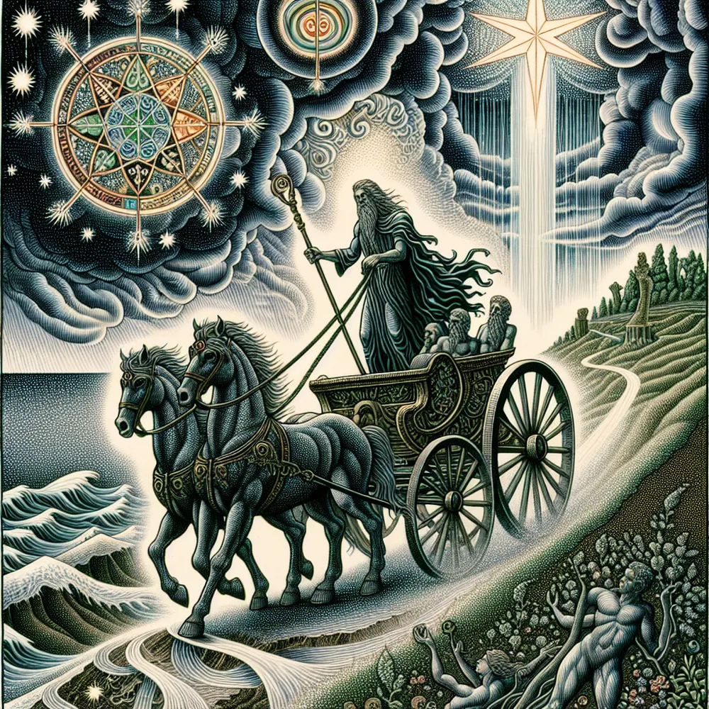 An imposing chariot, led by a resilient, unwavering figure of ambiguous descent and gender, stands robust during a tumultuous storm, taking direction from a luminescent star. Decorative symbols of equilibrium and tranquility embellish the chariot, traversing uneven terrain that concludes at a verdant, therapeutic garden. Above in the starlit sky, three goblets levitate, spilling an enchanted drink that glows with communal happiness and festivity.