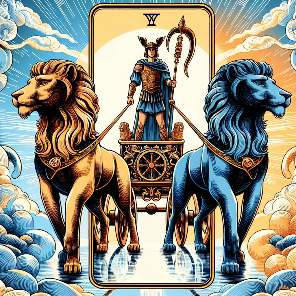 Design an image of The Chariot tarot card: a confident warrior stands tall within a regal chariot, drawn by a dual-colored pair of sphinxes. The setting is a clear sky, symbolizing a journey through determination and willpower. The chariot is ornate yet balanced, embodying themes of strength and harmony. The sphinxes should represent contrasting forces working together, surrounded by a backdrop of dynamic movement and energy that captures the triumph over obstacles. The scene should be vibrant and inspiring, evoking a sense of progress and control.