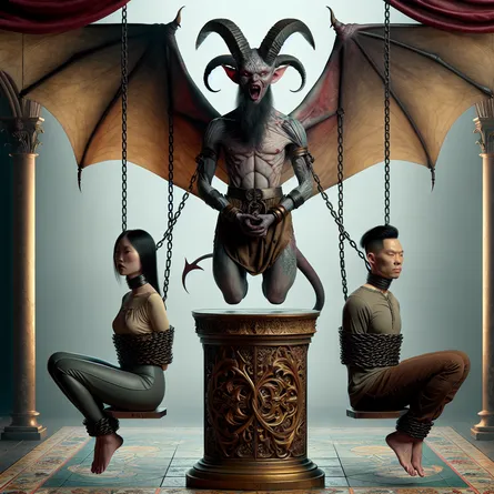 Create a visual representation of the traditional tarot card for 'The Devil'. This image showcases an anthropomorphic character with prominent horns and bat wings. The creature is tied to an ornate pedestal. Within the same setting, two individuals, one of East Asian descent and the other of Hispanic descent, one male and one female respectively, are also chained to the pedestal. Despite their binds, they appear merged in tranquil acceptance, completely unbothered by their confinement.