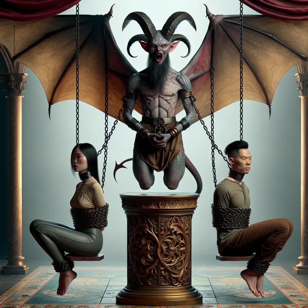 Create a visual representation of the traditional tarot card for 'The Devil'. This image showcases an anthropomorphic character with prominent horns and bat wings. The creature is tied to an ornate pedestal. Within the same setting, two individuals, one of East Asian descent and the other of Hispanic descent, one male and one female respectively, are also chained to the pedestal. Despite their binds, they appear merged in tranquil acceptance, completely unbothered by their confinement.