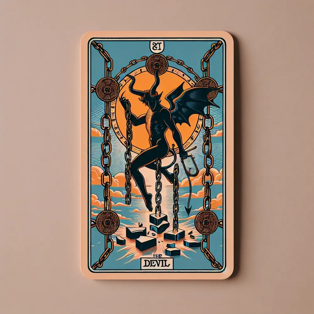 A detailed rendering of The Devil card from a classic tarot deck. The card should have a focal point on symbolic chains that are being shattered, representing the themes of liberation and self-awareness. Set against a soothing color palette, add an intriguing contrast to the traditionally intense imagery associated with this card. The chains, the devil figure, and other traditional elements should be intricately detailed, embodying the rich lore of tarot.