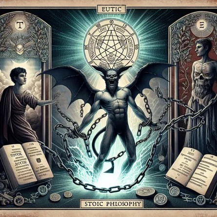 Create an artistic depiction of 'The Devil' tarot card featuring traditional symbols like a man and a woman tethered by chain, the figure of Baphomet, and a pentacle. Add elements embodying stoic philosophy, such as a snapped chain signifying liberation, an open book with inscriptions of stoic aphorisms, and an ethereal, illuminated path emerging from the vicinity of the devil that portrays an escape passage. The overall atmosphere should capture a sense of eerie beauty.