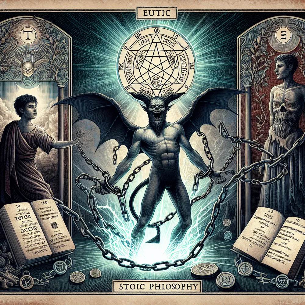 Create an artistic depiction of 'The Devil' tarot card featuring traditional symbols like a man and a woman tethered by chain, the figure of Baphomet, and a pentacle. Add elements embodying stoic philosophy, such as a snapped chain signifying liberation, an open book with inscriptions of stoic aphorisms, and an ethereal, illuminated path emerging from the vicinity of the devil that portrays an escape passage. The overall atmosphere should capture a sense of eerie beauty.