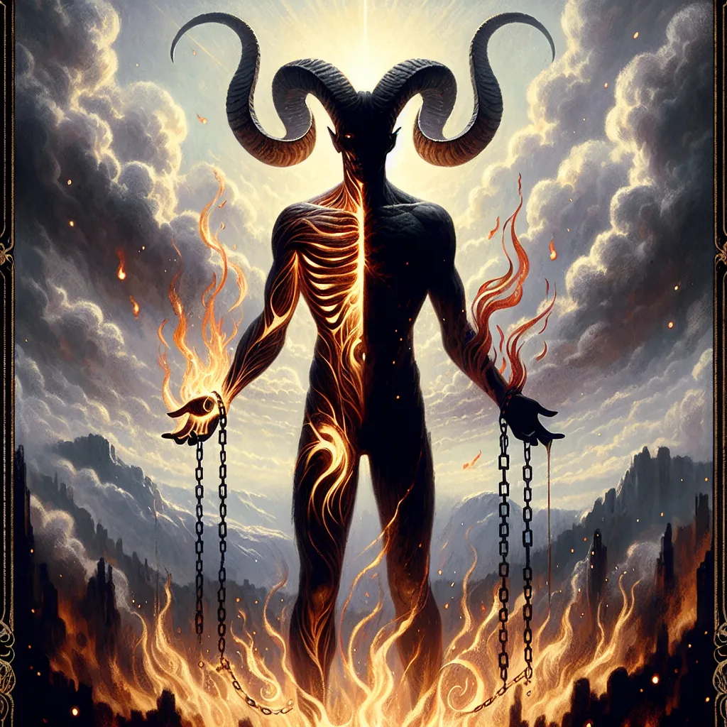 Create an artistic depiction of The Devil tarot card, featuring a towering figure with majestic spiral horns standing amidst flickering flames. The figure is half-shadow and half-light, symbolizing the duality of temptation and liberation. Chains fall from its hands, representing breaking free from fear and unhealthy attachments. The background shows a misty landscape, hinting at the illusion of bondage. The overall tone should be mystical and thought-provoking, inviting contemplation and the possibility of transformation.