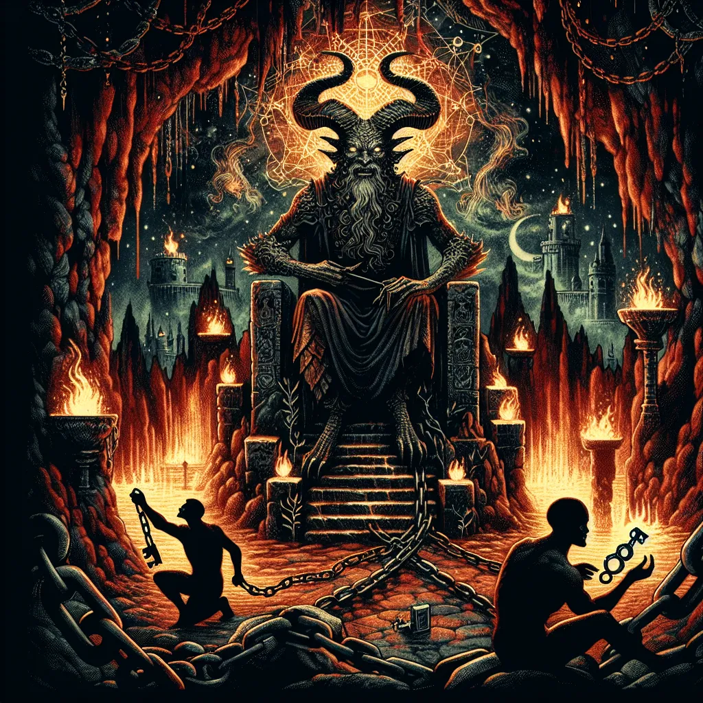 Create an intricate tarot card image of 'The Devil'. The scene should depict a mythical, horned figure with piercing eyes, sitting on a stone throne amidst a dark, shadowy cave illuminated by flickering torchlight. Chains lie loosely at the feet of two human figures bound to The Devil, unaware of the keys they hold in their hands. Symbolize temptation and illusion in the background with flames and dark vines intertwined. The atmosphere should evoke a sense of being trapped yet subtly hint at the possibility of liberation. Use a palette of deep reds, blacks, and hints of gold to add depth and mystery.