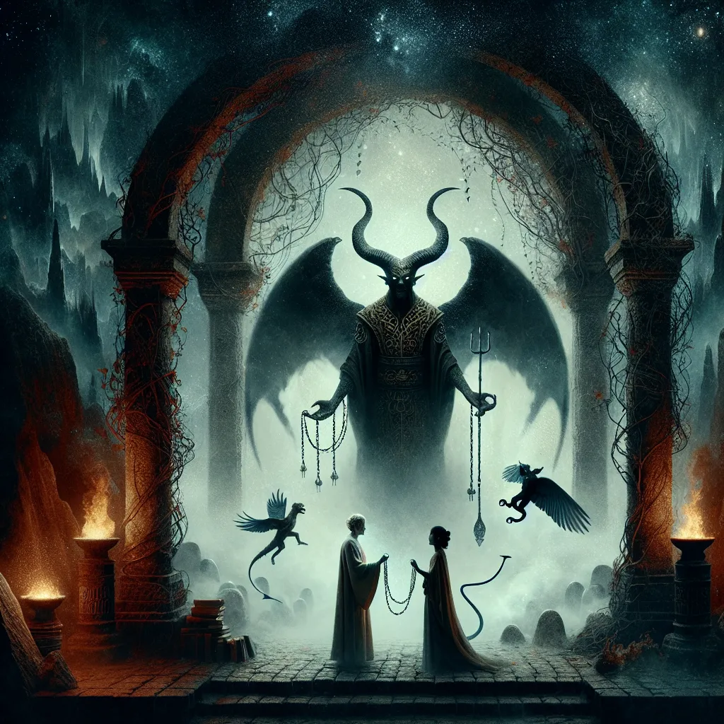 Create a hauntingly beautiful tarot illustration of The Devil card. The scene features a traditional depiction of The Devil, with a menacing yet enigmatic figure, adorned with horns and wings, symbolizing temptation and bondage. He stands in front of an archway made of dark vines and dimly glowing embers, holding loose chains that subtly bind two figures—a Caucasian man and an Asian woman—who appear unaware of their potential to break free. Incorporate elements of classic tarot symbolism, emphasizing the themes of inner conflict and self-liberation. The atmosphere is mystical and evocative, with shadows cast by a subtle, otherworldly light.
