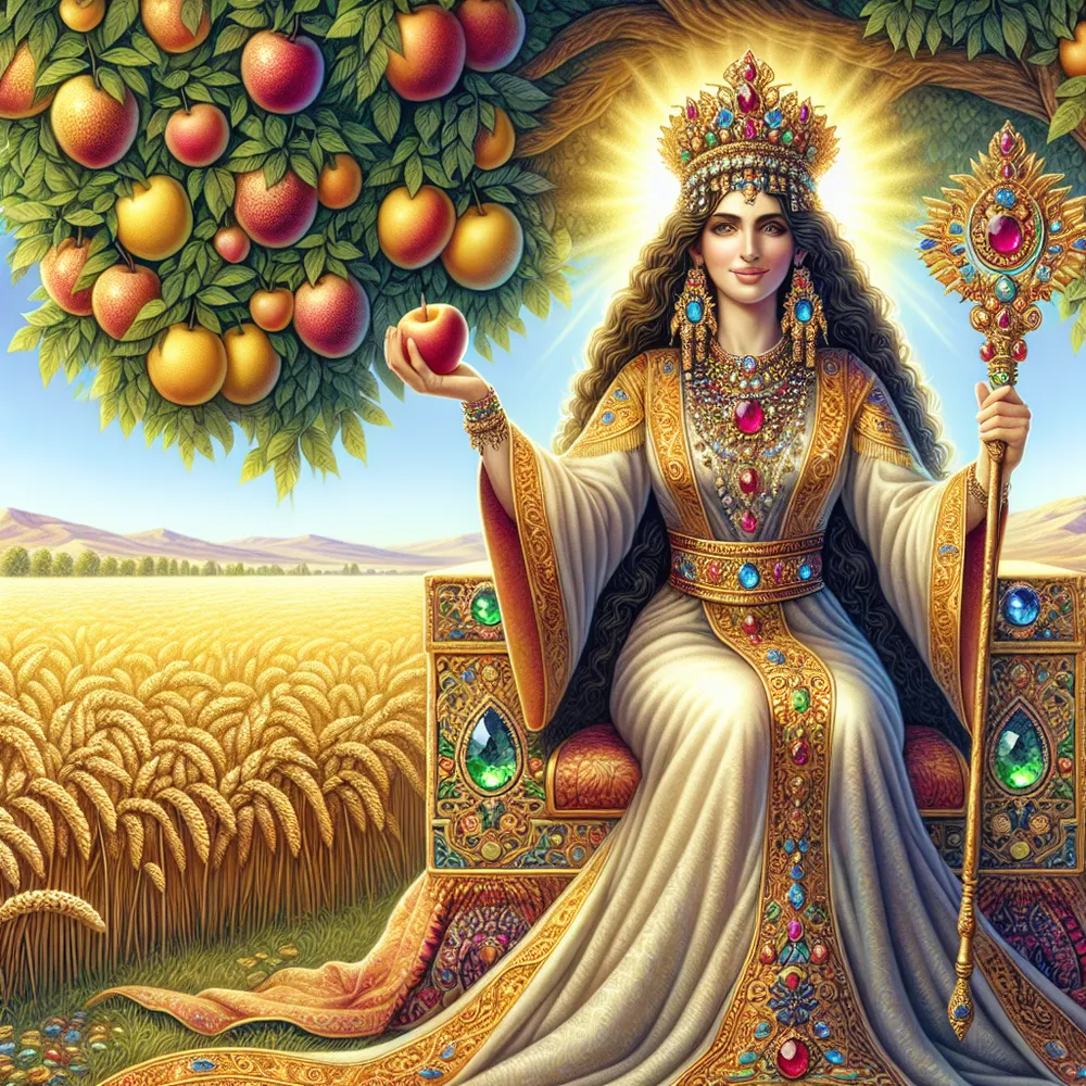 An illustration of a powerful and warm-hearted Middle-Eastern woman, dressed in royal garments of intricate designs, holding a scepter richly adorned. She is seated on a throne embedded with vibrant gemstones, under a lush tree heavy with ripe fruits. Her serene face, an emblem of wisdom, combined with her open palms radiate an aura of safety and tranquility. In the background is a vast, golden wheat field under a clear, sunny sky, a symbolism for fertility and prosperity.