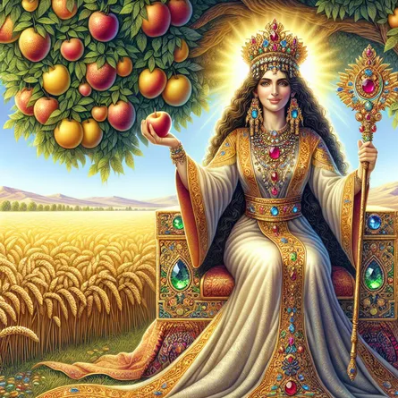 An illustration of a powerful and warm-hearted Middle-Eastern woman, dressed in royal garments of intricate designs, holding a scepter richly adorned. She is seated on a throne embedded with vibrant gemstones, under a lush tree heavy with ripe fruits. Her serene face, an emblem of wisdom, combined with her open palms radiate an aura of safety and tranquility. In the background is a vast, golden wheat field under a clear, sunny sky, a symbolism for fertility and prosperity.