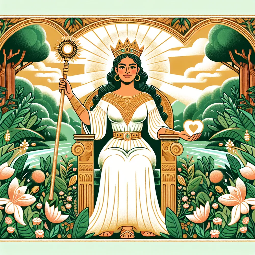 An illustration of a serene and radiant public figure, seated on an ornate throne amidst lush greenery and bountiful nature. She is Hispanic and holds a golden scepter in her right hand symbolizing power. In her left hand, she holds a heart-shaped amulet symbolizing love and compassion.