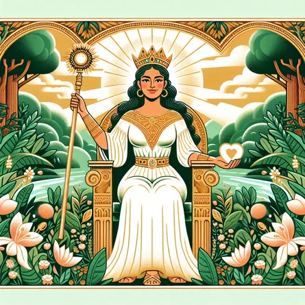 An illustration of a serene and radiant public figure, seated on an ornate throne amidst lush greenery and bountiful nature. She is Hispanic and holds a golden scepter in her right hand symbolizing power. In her left hand, she holds a heart-shaped amulet symbolizing love and compassion.