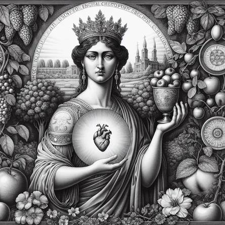 A highly detailed drawing of a Caucasian empress, projected with stoicism against the backdrop of a lively nature scene that conveys growth and care. She's encircled by thriving fruit trees and blossoming flowers, suggesting plentiful resources. One of her hands rests softly on a massive emblem of a heart, symbolizing her nurturing demeanor. Her other hand holds a gold goblet, an icon of igniting creativity. Her gown is luxurious and befitting an empress, covered with symbols of philosophical principles, signifying her wisdom.