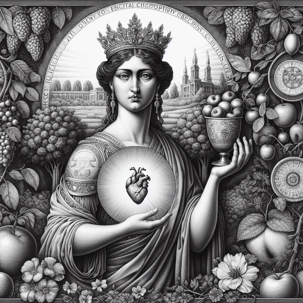 A highly detailed drawing of a Caucasian empress, projected with stoicism against the backdrop of a lively nature scene that conveys growth and care. She's encircled by thriving fruit trees and blossoming flowers, suggesting plentiful resources. One of her hands rests softly on a massive emblem of a heart, symbolizing her nurturing demeanor. Her other hand holds a gold goblet, an icon of igniting creativity. Her gown is luxurious and befitting an empress, covered with symbols of philosophical principles, signifying her wisdom.