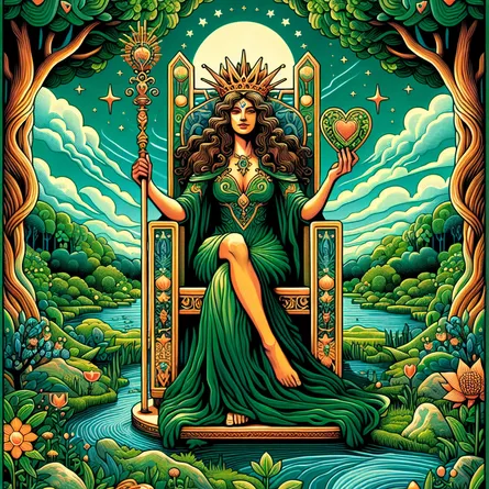 An illustrative representation of a tarot card, The Empress. The Empress is seated on a luxurious throne in a vibrant lush, green landscape, embodying fertility and abundance. She wears a crown of stars and holding a scepter, symbolizing her power. Her other hand rests on a shield emblazoned with a heart symbol, indicating her nurturing nature. The atmosphere is serene, filled with prosperity and tranquility. Add some elements of stoic symbolism, such as a robust tree symbolizing resilience and a flowing river depicting the perpetual flow of life.