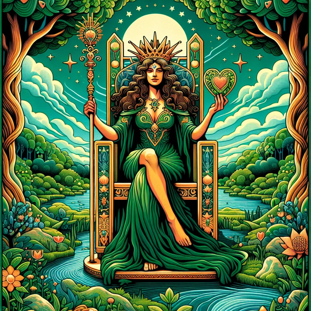An illustrative representation of a tarot card, The Empress. The Empress is seated on a luxurious throne in a vibrant lush, green landscape, embodying fertility and abundance. She wears a crown of stars and holding a scepter, symbolizing her power. Her other hand rests on a shield emblazoned with a heart symbol, indicating her nurturing nature. The atmosphere is serene, filled with prosperity and tranquility. Add some elements of stoic symbolism, such as a robust tree symbolizing resilience and a flowing river depicting the perpetual flow of life.
