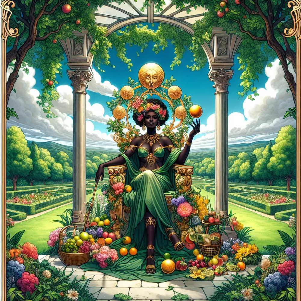 Imagine a scene featuring a Black woman comfortably seated upon an opulent throne, enveloped by a verdant and lush garden. The throne is adorned with resplendent floral designs, ripe fruits, and symbols of prosperous life, signifying her connection to nature. It's situated under a gazebo intertwined with ivy, offering shade from the grand trees teeming with lush green leaves. She confidently wields a scepter in one hand, symbolizing her authority, and cradles a radiant sphere, embodying her creative aura, in the other. This scene mirrors the representation of The Empress tarot card, encapsulating her qualities of strength and nourishing creativity. The backdrop of this vivid depiction is a picturesque landscape, displaying a clear and bountiful day teeming with vivacious life.