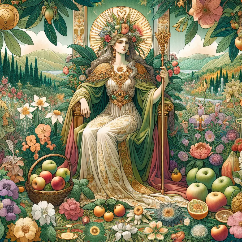 Create an image of The Empress from tarot, embodying abundance and nurturing energy. She is seated on a throne surrounded by lush, fertile gardens filled with blooming flowers and ripe fruits. Her attire should be royal and flowing, adorned with symbols of spring and nature. Include details like a crown of stars, a heart symbol, and a scepter in her hand. The background should convey a sense of harmony and tranquility, with a rich blend of earthy colors such as greens, golds, and soft pastels to enhance the theme of growth and prosperity. The Empress should have a look of serene confidence and nurturing warmth.