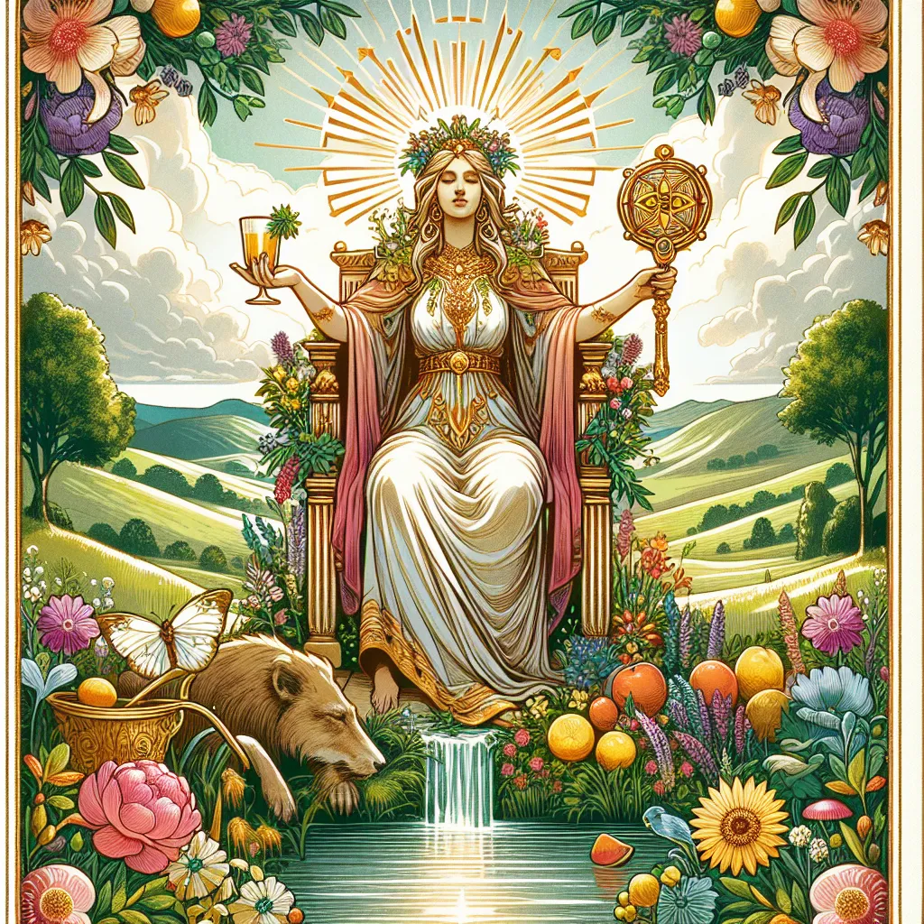 Create a captivating image of 'The Empress' tarot card. Depict a majestic female figure sitting on a throne surrounded by lush greenery and vibrant flowers. She exudes an aura of abundance and nurturing energy, holding a golden scepter in one hand and a cornucopia of fruits in the other. A serene river flows nearby, symbolizing fertility and creativity. The background is filled with rolling hills and a clear sky, evoking a sense of tranquility and wisdom.