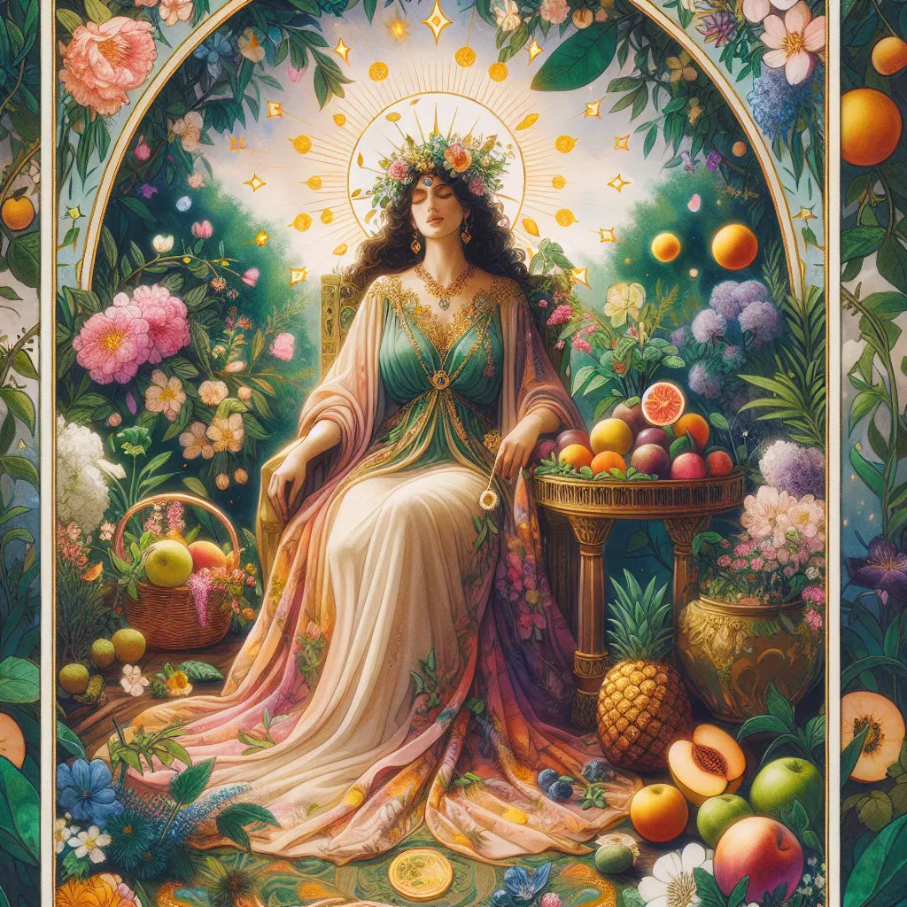 Create a vibrant and serene scene depicting The Empress tarot card. She is a regal, nurturing figure seated in a lush, verdant garden filled with blooming flowers and ripe fruit, symbolizing abundance. Her aura is warm and motherly, wearing a flowing gown adorned with natural motifs. Surround her with symbols of fertility and growth, such as a golden crown of stars and an abundance of greenery. The atmosphere should be harmonious and inviting, reflecting creativity and feminine energy.