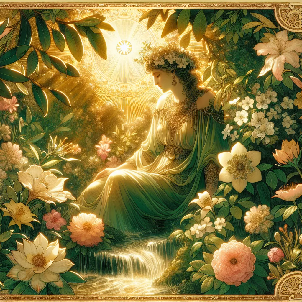 Create an image of The Empress tarot card, featuring a serene and elegantly adorned figure seated amidst lush greenery and blooming flowers, symbolizing fertility and abundance. Sunlight filters through the leaves, casting a warm, golden glow. Include elements of flowing water and rich texture to evoke a sense of nurturing and harmony, with hints of classical tarot imagery.