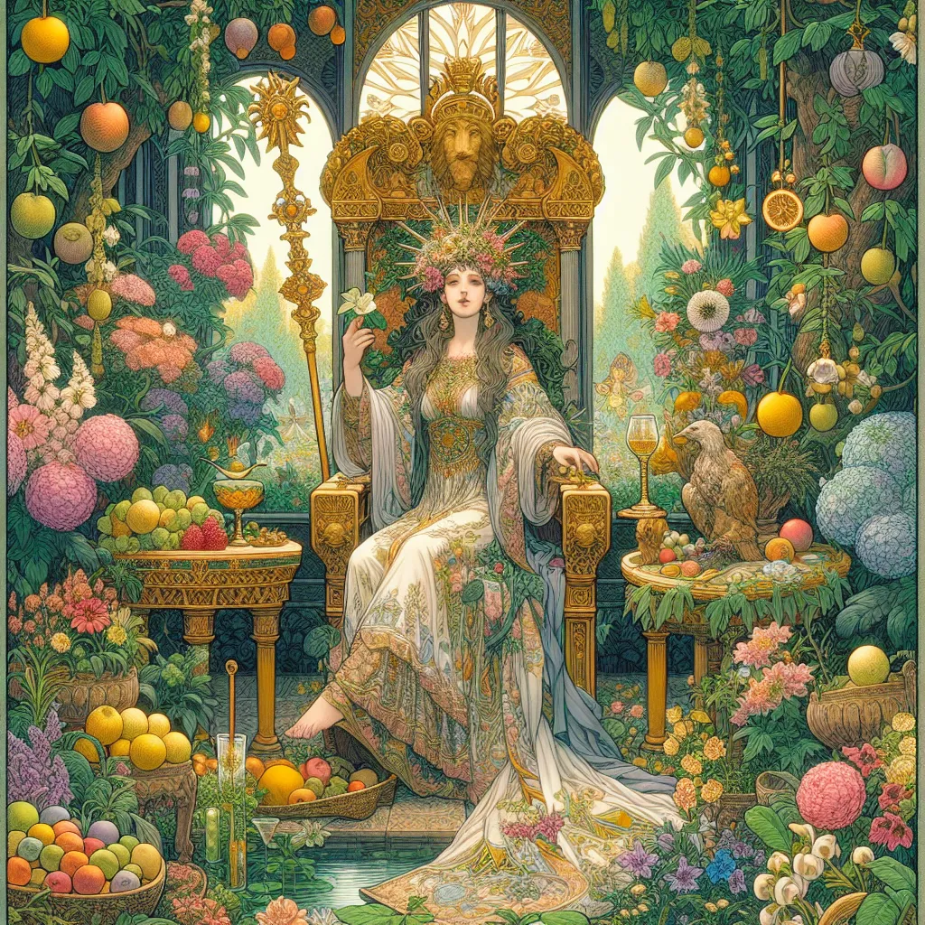 Create a detailed and vibrant illustration of The Empress tarot card. She is seated on a luxurious, ornate throne in a lush, abundant garden filled with flowers and greenery. The Empress exudes an aura of nurturing and fertility, surrounded by symbols of creation, such as ripe fruits and flowing rivers. She wears a flowing gown with intricate patterns, a crown of stars upon her head, and holds a golden scepter symbolizing her power and authority. The scene is bathed in warm, natural light, emphasizing the sense of growth and prosperity inherent in The Empress's presence.