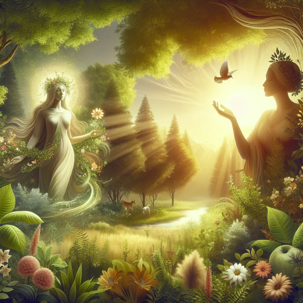 Create a serene and lush landscape where a regal woman stands in the foreground, embodying nature and abundance. She is identified as a significant public figure, radiating grace, plentitude, and maternal power. Surrounded by flourishing greenery, vibrant flowers, and gentle wildlife, her nurturing presence resonates with warmth and creativity. The woman is depicted as a figure of grace and elegance, symbolizing fertility and the nurturing elements of life. Golden sunlight filters through the trees in the background, casting a soft glow on the scene and highlighting the harmony she instills within the natural world.